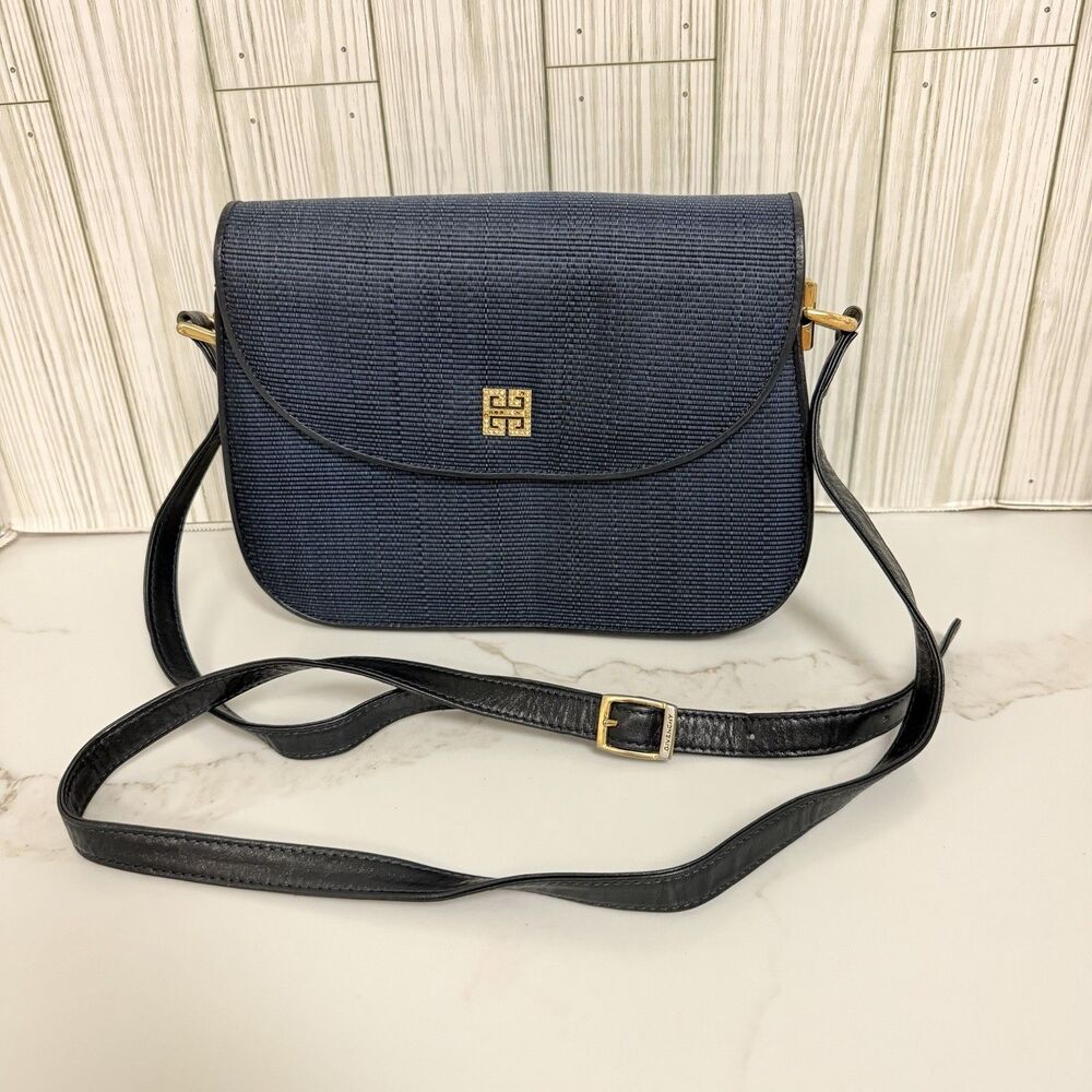 Givenchy Navy Crossbody Bag Gold Logo Hardware Magnetic Closure Adjustable Strap